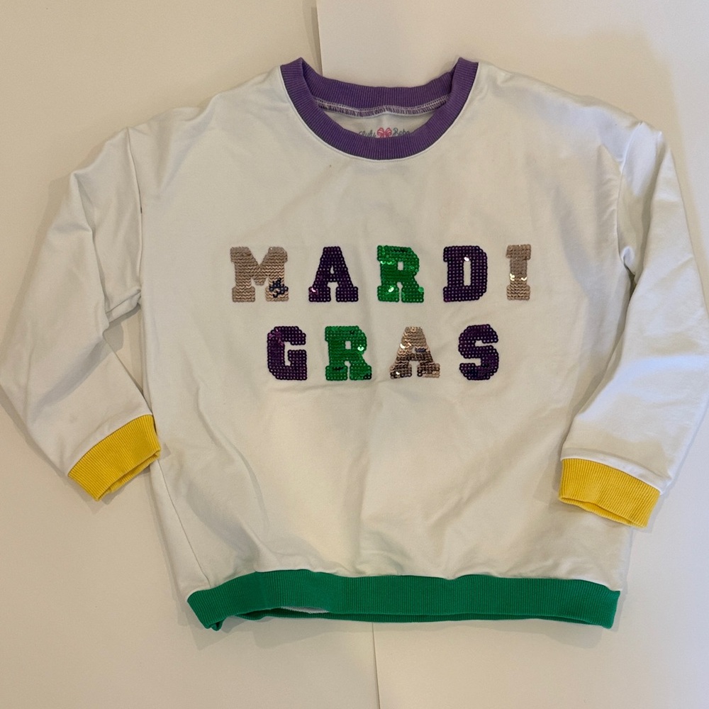 Mardi Gras Sequin Pullover Kids Shirt - White with Purple, Green & Gold - 8Y